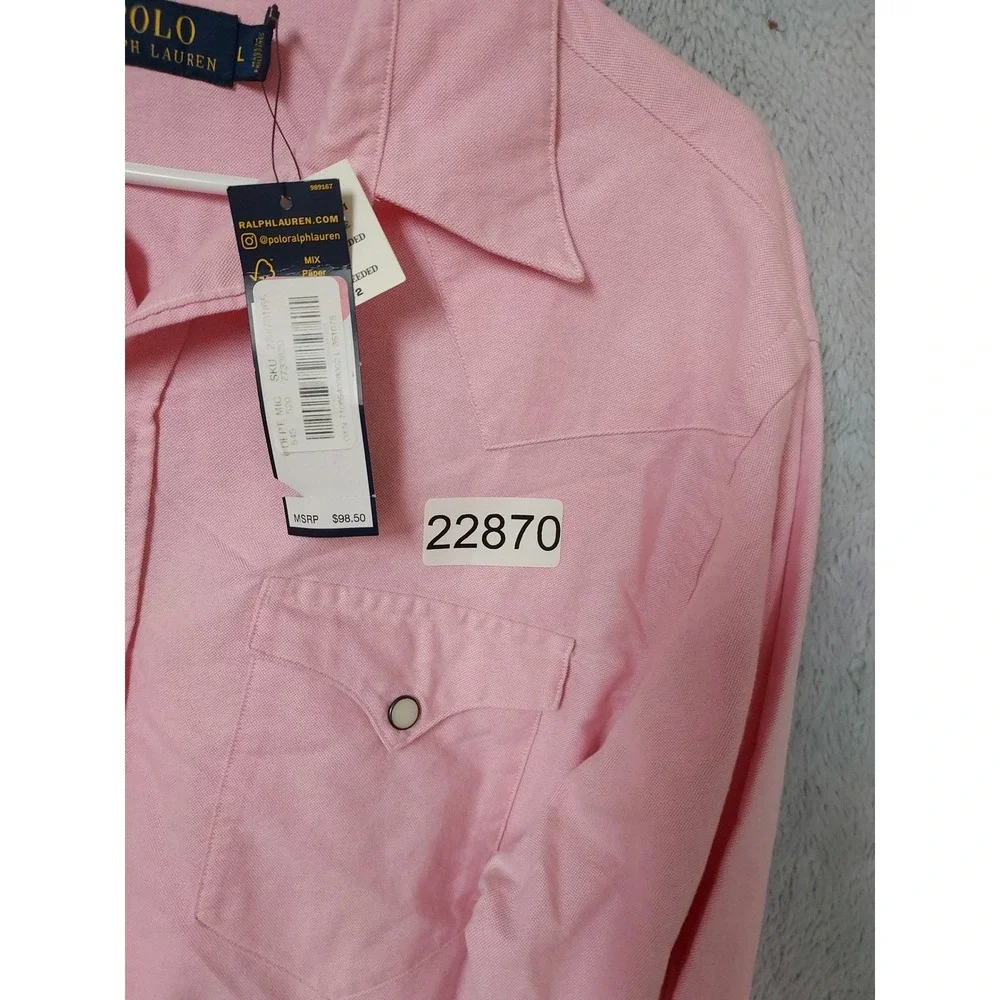 NEW Polo Ralph Lauren Shirt Men Large Western Pearl Snap Oxford Long Sleeve Pink